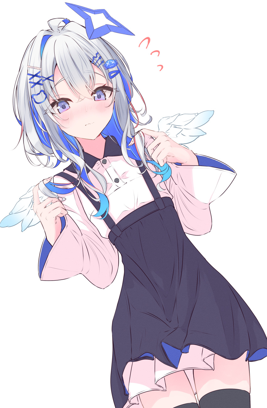 1girl absurdres amane_kanata black_dress black_thighhighs blue_eyes blue_hair blue_halo blush breasts casual closed_mouth collared_shirt commentary_request cowboy_shot dress dutch_angle feathered_wings flying_sweatdrops grey_hair hair_ornament hairclip halo hands_up highres hololive long_hair long_sleeves looking_at_viewer mini_wings multicolored_hair nishiki_yuno pink_shirt playing_with_own_hair shirt simple_background single_hair_intake small_breasts solo star_halo streaked_hair thighhighs virtual_youtuber white_background wings x_hair_ornament