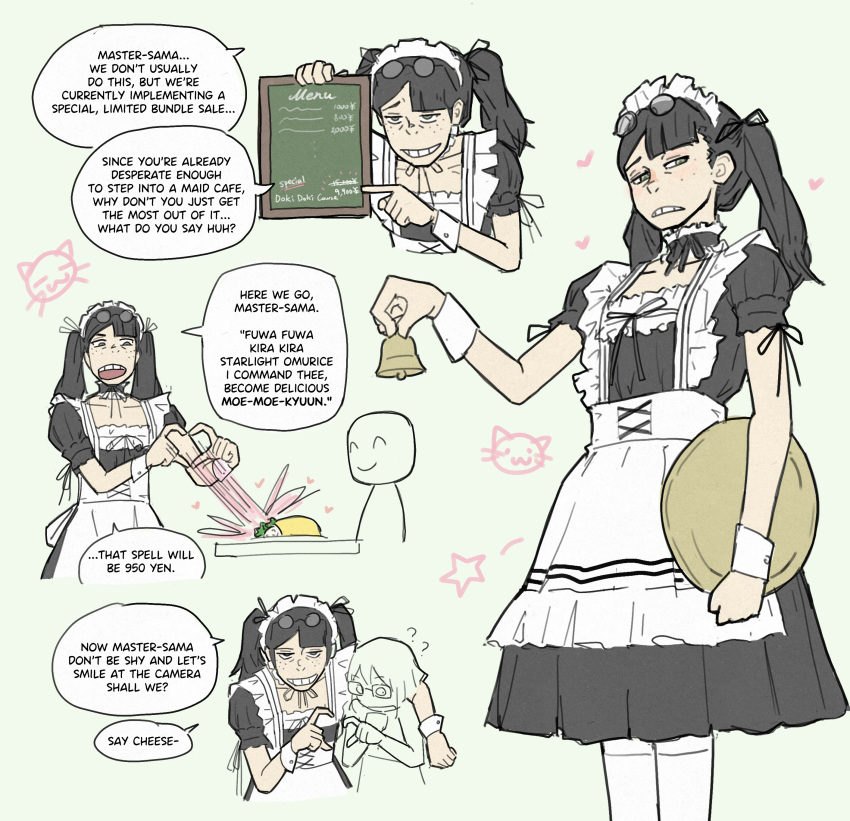 1girl 1other absurdres apron bell black_dress black_hair denkirk dress eizouken_ni_wa_te_wo_dasu_na! english_text eyewear_on_head food freckles grin heart heart_hands highres kanamori_sayaka maid_apron maid_cafe maid_headdress menu_board multiple_views omelet omurice parted_bangs short_sleeves smile speech_bubble tray twintails waitress wrist_cuffs