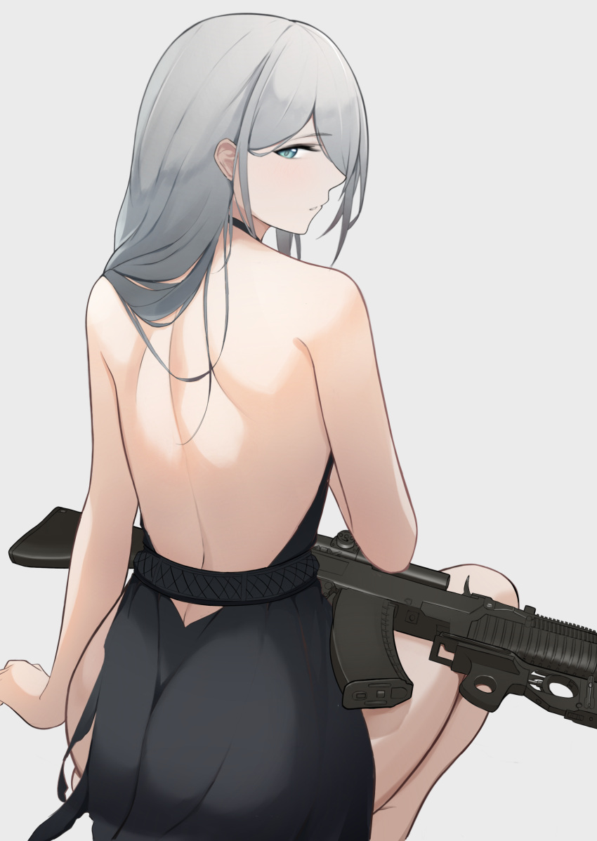 1girl absurdres an-94 an-94_(girls'_frontline) an-94_(silent_rouge)_(girls'_frontline) aqua_eyes assault_rifle backless_dress backless_outfit black_dress dress from_behind girls'_frontline gp-25 grenade_launcher grey_background grey_hair gun highres long_hair looking_at_viewer looking_back official_alternate_costume rifle sharp-pig sitting solo underbarrel_grenade_launcher weapon