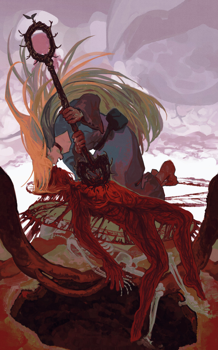 2girls absurdres black_choker blonde_hair blood blood_on_feet blood_on_hands blue_dress choker dress dungeon_meshi eye_contact falin_thorden highres holding holding_staff kneeling long_hair looking_at_another magic magic_circle marcille_donato multiple_girls pawschamp pouch resurrection skeleton staff very_long_hair