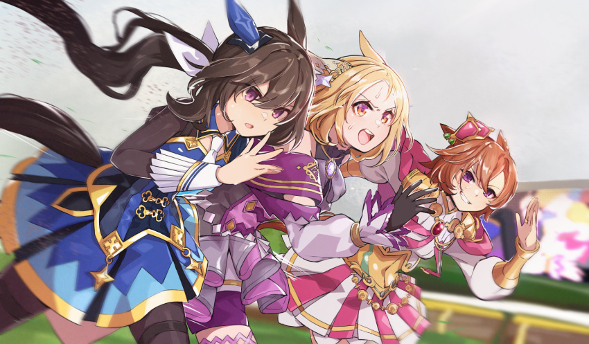 3girls admire_vega_(umamusume) ahoge animal_ears black_gloves blonde_hair blue_dress bow breasts brown_hair cape collared_dress crown detached_sleeves dress ear_bow ear_covers ear_ornament ear_piercing gloves hair_between_eyes highres horse_ears horse_girl horse_tail horseshoe_ornament long_hair long_sleeves low_ponytail mini_crown multicolored_hair multiple_girls nanaheibei_3 narita_top_road_(umamusume) necktie open_mouth orange_hair orange_tail piercing pink_cape ponytail purple_eyes purple_shirt purple_shorts running shirt short_hair shorts single_ear_cover skirt smile sweat t.m._opera_o_(umamusume) tail tail_through_clothes teeth umamusume umamusume:_road_to_the_top upper_teeth_only white_necktie