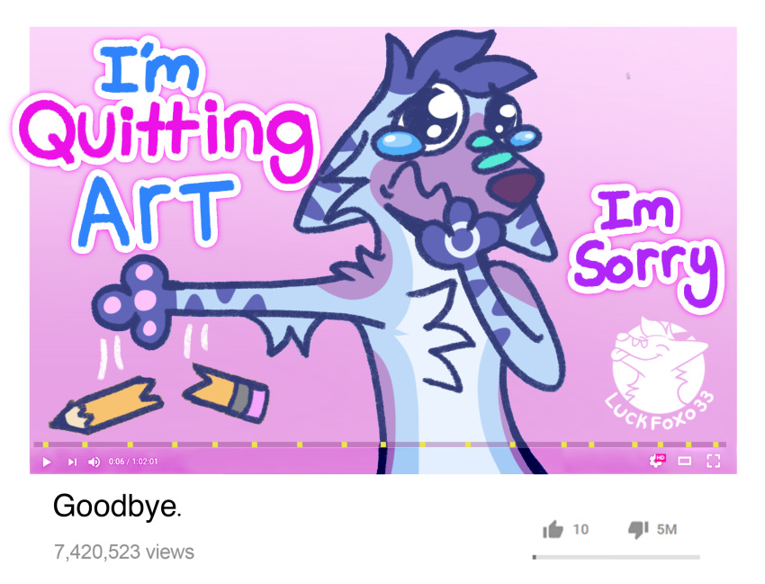 anthro apology april_fools'_day blue_body blue_fur blue_hair bodily_fluids canid canine crying drop dropping fox fur hair hi_res holidays humor invalid_tag luckfoxo33 mammal meme parody pencil quit quitting sad shitpost silly silly_face sorry tears text tolng youtube youtube_thumbnail