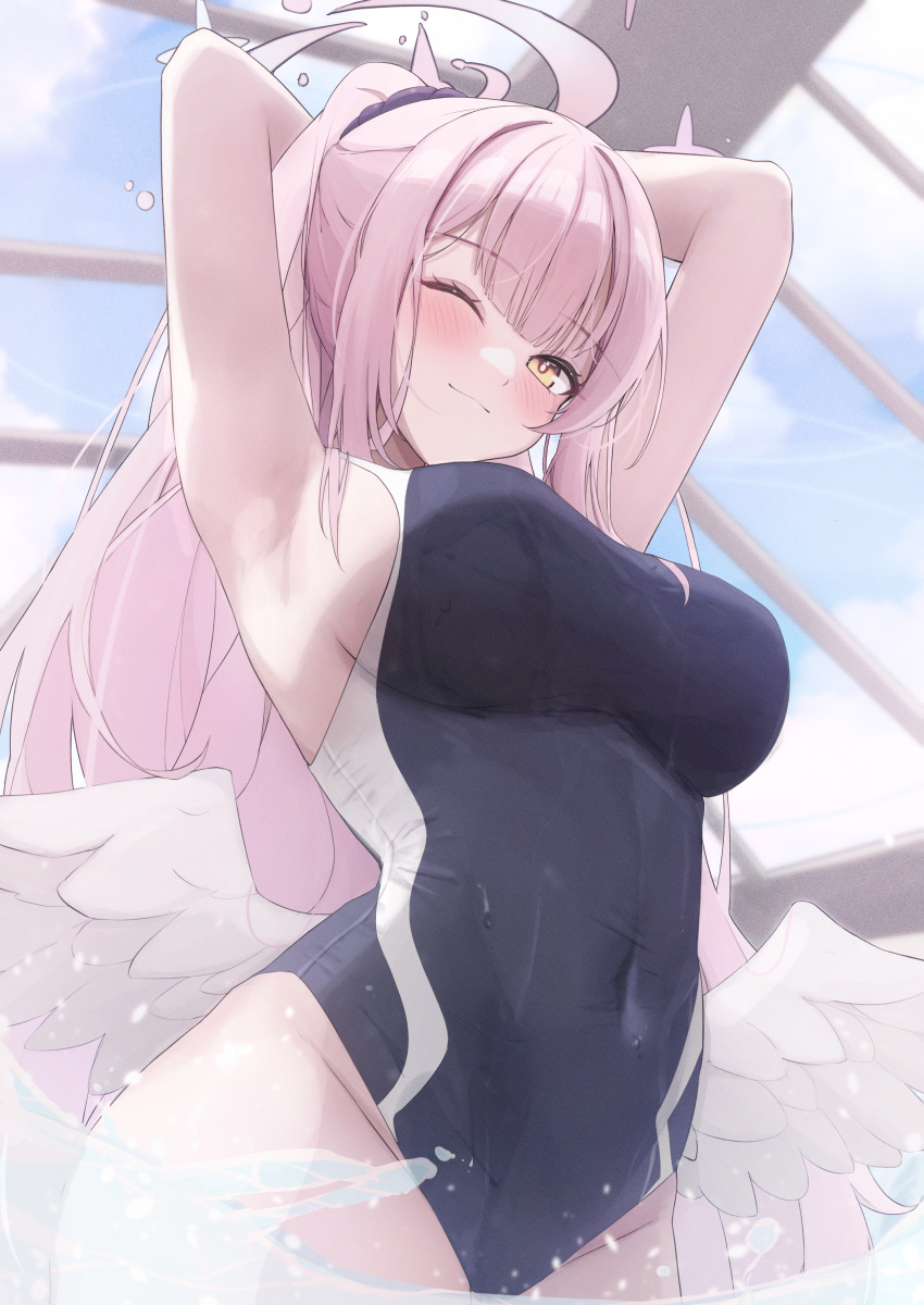 1girl absurdres angel_wings armpits bare_arms bare_legs bare_shoulders black_one-piece_swimsuit blue_archive blush breasts closed_mouth cowboy_shot feathered_wings groin halo highres large_breasts long_hair looking_at_viewer mika_(blue_archive) mofu07519 one-piece_swimsuit one_eye_closed pink_hair pink_halo ponytail school_swimsuit smile solo swimsuit white_wings wings yellow_eyes