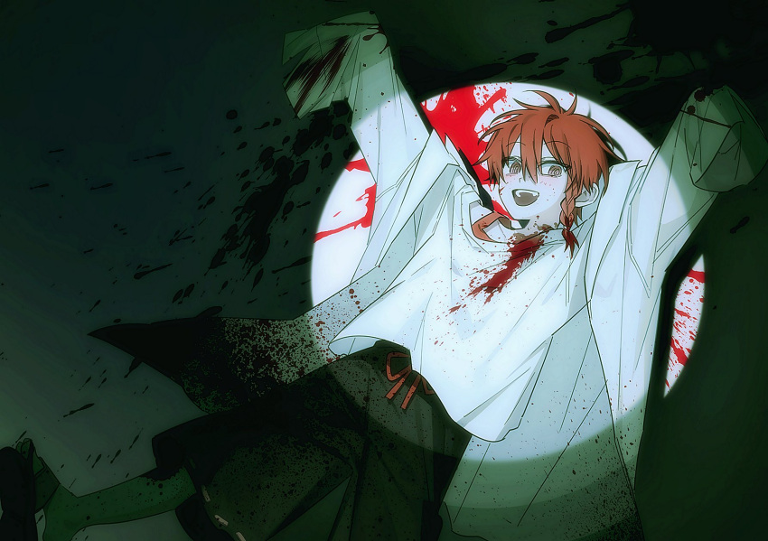 1boy black_shorts blood blood_on_clothes blood_on_face braid coat collarbone highres long_sleeves looking_at_viewer maeno_aki male_focus obaeg0921 off-shoulder_shirt off_shoulder open_mouth red_eyes red_hair shirt short_hair shorts single_braid solo spotlight white_coat white_shirt zeno_(game)