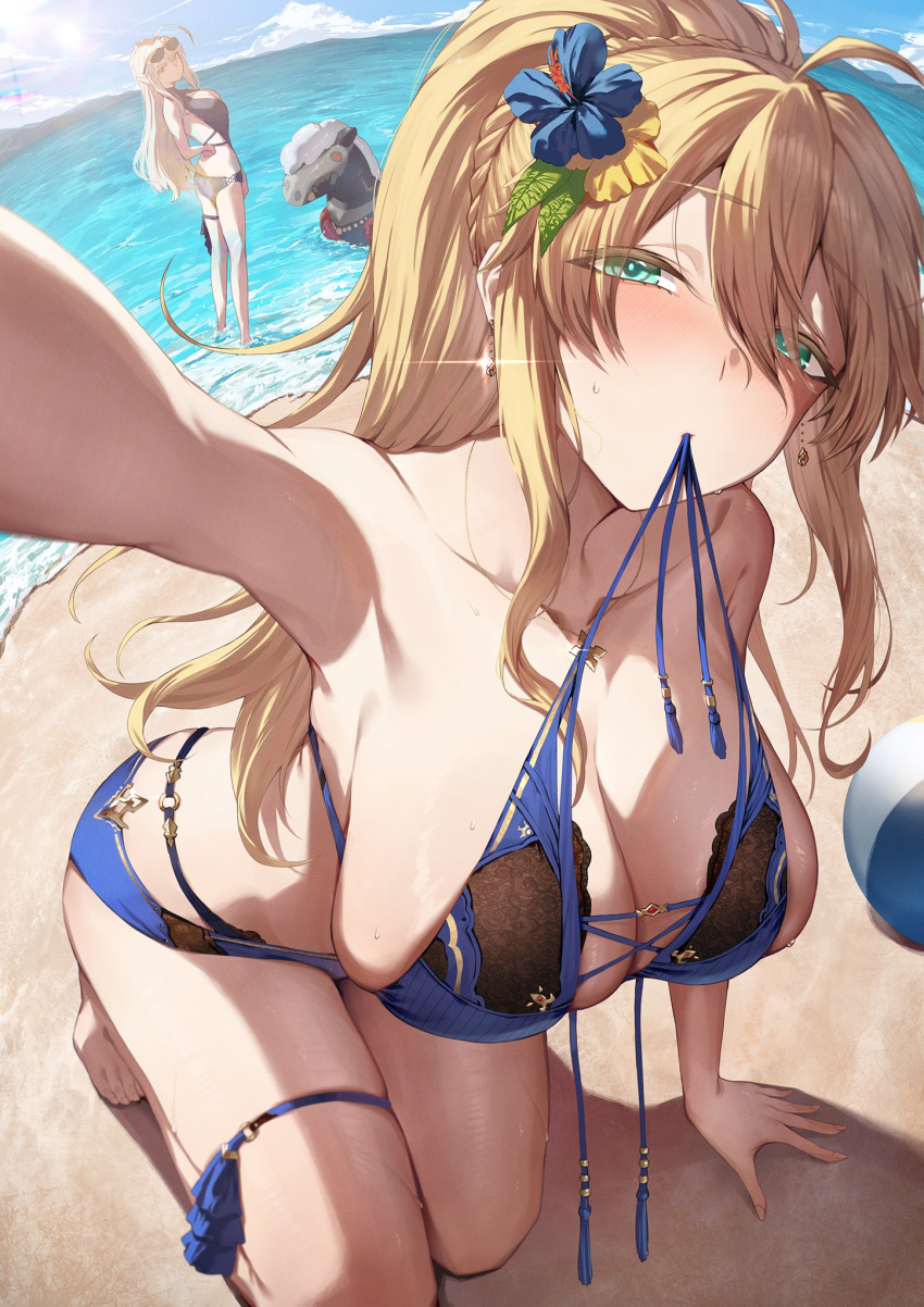 2girls alternate_costume armpits artoria_pendragon_(fate) artoria_pendragon_(lancer)_(fate) artoria_pendragon_(lancer_alter)_(fate) ball bare_arms bare_shoulders beach beachball bikini bikini_in_mouth black_one-piece_swimsuit blonde_hair blue_bikini blush breasts cleavage clothes_in_mouth collarbone commentary_request earrings eyewear_on_head fate/grand_order fate_(series) flower green_eyes hair_flower hair_ornament highres jewelry large_breasts long_hair looking_at_viewer mouth_hold multiple_girls neshia_(tsaqif0309) one-piece_swimsuit outdoors ponytail reaching reaching_towards_viewer sideboob solo_focus sunglasses swimsuit thigh_strap thighs water