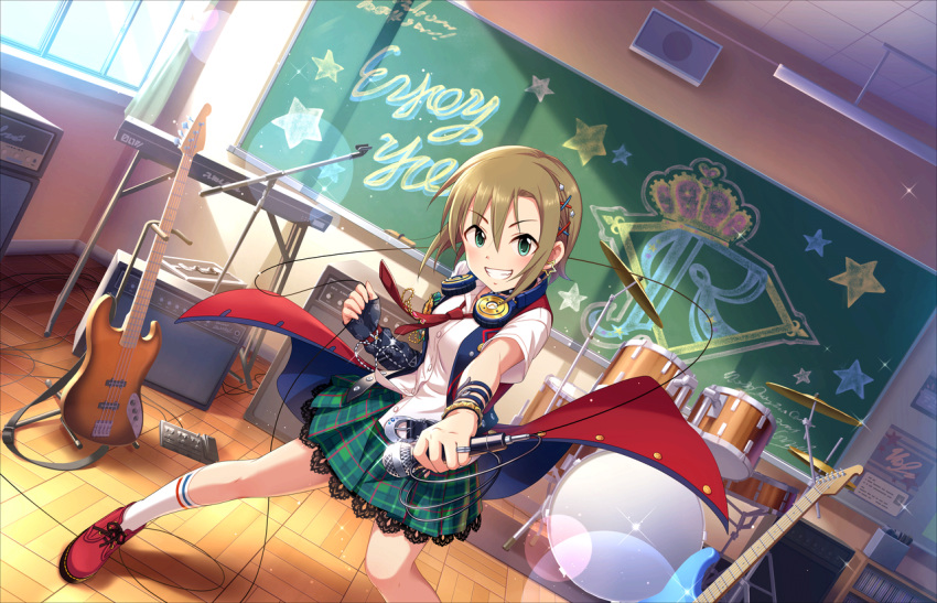 artist_request bangs bracelet breasts brown_hair chalkboard classroom day dutch_angle eyebrows_visible_through_hair fingerless_gloves gloves green_eyes grin guitar hair_between_eyes hair_ornament hairclip headphones holding idolmaster idolmaster_cinderella_girls idolmaster_cinderella_girls_starlight_stage indoors instrument jewelry kneehighs lace looking_at_viewer microphone necktie official_art plaid plaid_skirt pleated_skirt red_footwear ring shirt shoes short_hair short_sleeves single_glove skirt smile solo standing sunlight tada_riina white_legwear white_shirt window