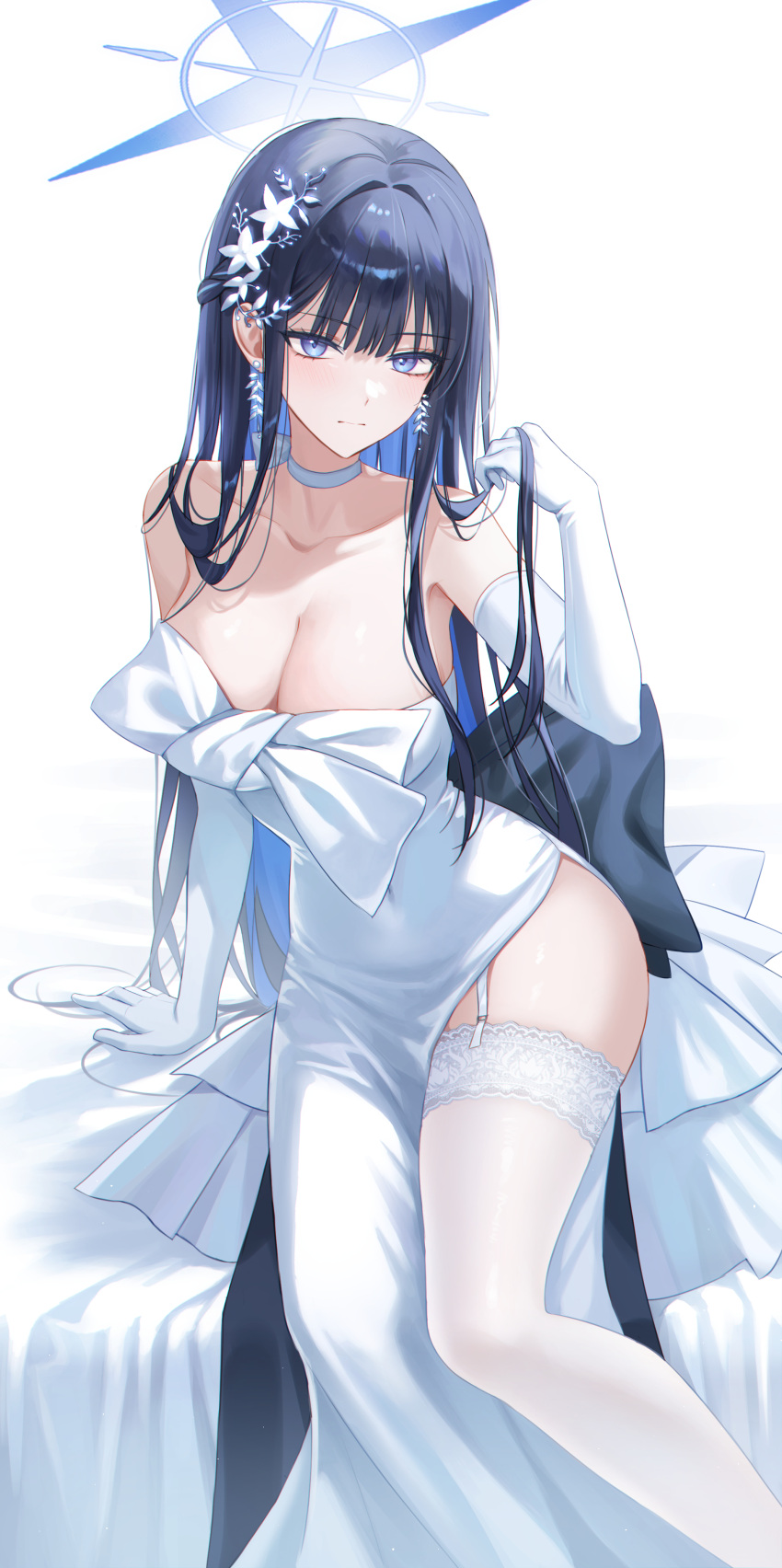 1girl absurdres arm_support back_bow bare_shoulders blue_archive blue_eyes blue_hair bow breasts choker cleavage closed_mouth covered_navel dark_blue_hair dress earrings elbow_gloves flower garter_straps gloves hair_flower hair_ornament halo hand_up hi_irim highres jewelry large_breasts looking_at_viewer official_alternate_costume saori_(blue_archive) saori_(dress)_(blue_archive) simple_background sitting solo thighhighs white_background white_choker white_dress white_flower white_gloves white_thighhighs