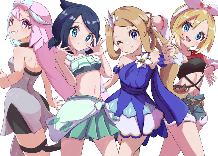 4girls absurdres bare_shoulders bike_shorts black_hair blonde_hair blue_dress blue_eyes blue_hair blue_shorts bow bow-shaped_hair bow_hairband closed_mouth commentary_request cowlick dress eyelashes grey_dress grey_eyes hairband highres iono_(pokemon) irida_(pokemon) irida_(special_costume)_(pokemon) liko_(pokemon) long_hair medium_hair multicolored_hair multiple_girls navel official_alternate_costume one_eye_closed pink_hair pokemon pokemon_(anime) pokemon_horizons pokemon_masters_ex pokemon_sv rono_(lethys) serena_(champion)_(pokemon) serena_(pokemon) short_dress shorts simple_background single_bare_shoulder smile split-color_hair standing swimsuit teeth two-tone_hair white_background white_bow white_hairband