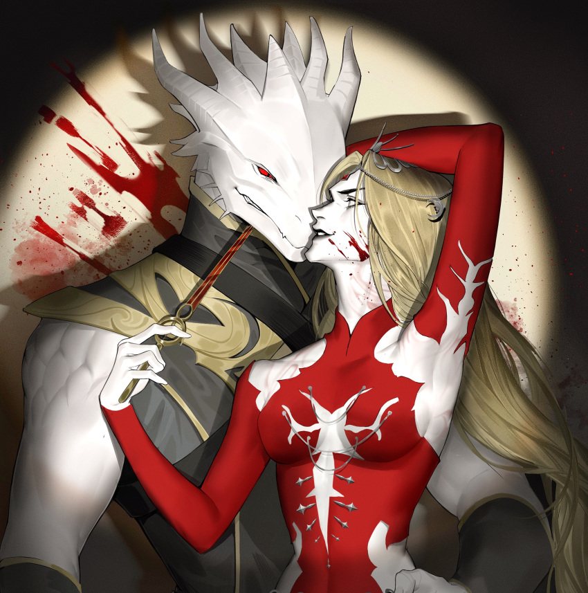 &gt;:) 1boy 1girl absurdres arm_behind_head arm_up armpits baldur's_gate baldur's_gate_3 bewaremypower black_lips blank_eyes blonde_hair blood blood_on_face blood_splatter bodysuit breasts brother_and_sister chinese_commentary circlet cleavage_cutout clothing_cutout collared_bodysuit colored_skin commentary_request dagger detached_sleeves dragon_boy drop_shadow dungeons_&amp;_dragons evil_smile furry furry_male grin headpiece highres holding holding_dagger holding_knife holding_weapon horns knife long_hair looking_at_another multiple_horns orin_the_red red_bodysuit red_eyes red_sleeves scales searchlight siblings sideboob slit_pupils smile the_dark_urge_(baldur's_gate) upper_body v-shaped_eyebrows weapon white_skin yellow_background