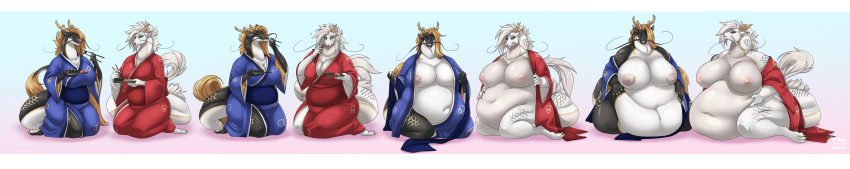 2024 2_horns absurd_res asian_clothing belly big_belly big_breasts biglovealicia black_body black_scales bloated blonde_hair blue_eyes breasts chopsticks clothed clothing deer_horn dishes dragon duo east_asian_clothing eastern_dragon eating eating_food female feral food full-length_portrait fully_clothed fur growth_sequence hair hi_res horn huge_belly huge_breasts huge_thighs long_hair long_image morbidly_obese morbidly_obese_female mythological_creature mythological_scalie mythology nipples obese obese_female overweight overweight_female partially_clothed pink_nipples portrait scales scalie sequence shaded signature simple_background sitting slightly_chubby small_clothing soft_shading sushi tail tail_tuft thick_neck thick_tail thick_thighs tuft weight_gain white_belly white_body white_eyes white_fur white_hair white_scales wide_image
