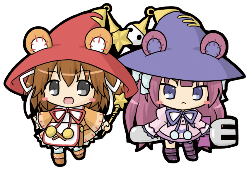 :&lt; :d animal_ears asymmetrical_legwear bangs bear_ears blue_hat blush_stickers bow brown_dress brown_footwear brown_hair chibi closed_mouth commentary_request dress dumpty_alma emil_chronicle_online eyebrows_visible_through_hair fork grey_eyes hair_between_eyes hair_bow hair_ribbon hat holding holding_fork holding_wand juliet_sleeves long_hair long_sleeves looking_at_viewer multiple_girls open_mouth oversized_object pink_dress pom_pom_(clothes) puffy_sleeves purple_eyes purple_footwear purple_hair purple_ribbon red_hat red_ribbon ribbon rinechun simple_background sleeves_past_fingers sleeves_past_wrists smile standing standing_on_one_leg star striped striped_legwear thighhighs tiny_alma very_long_hair wand white_background white_bow white_ribbon wide_sleeves