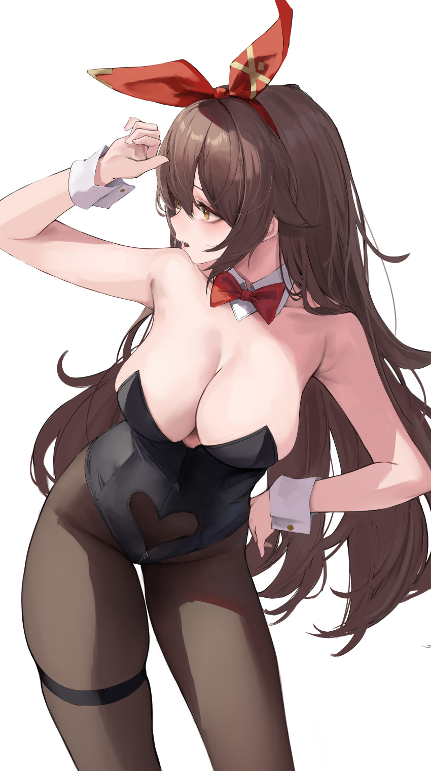 1girl absurdres alternate_costume amber_(genshin_impact) arm_up bare_shoulders black_leotard bow bowtie breasts brown_hair brown_pantyhose cleavage clothing_cutout crotch_zipper detached_collar genshin_impact hair_between_eyes hairband hand_on_own_hip heart_cutout highres large_breasts leaning_forward leotard leviathan_(hikinito0902) long_hair looking_to_the_side open_mouth pantyhose playboy_bunny red_bow red_bowtie red_hairband solo strapless strapless_leotard thigh_strap traditional_bowtie white_wrist_cuffs wrist_cuffs zipper