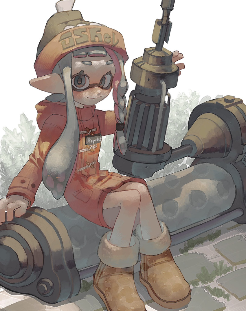 1girl arm_up asymmetrical_hair bare_legs beanie blunt_bangs blush boots braid brown_footwear closed_mouth coat colored_inner_hair commentary_request dynamo_roller_(splatoon) full_body fur-trimmed_boots fur_trim grey_eyes grey_hair hair_tie hat highres holding holding_weapon hood hood_down huge_weapon inkling_girl inkling_player_character long_hair looking_at_viewer multicolored_hair orange_coat pink_hair pointy_ears purple_pupils single_braid sitting smile solo splatoon_(series) splatoon_3 tentacle_hair tiripow two-tone_hair weapon yellow_hat