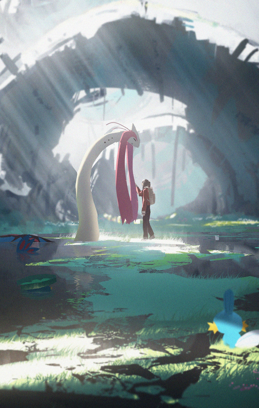 1other absurdres asteroid_ill backpack bag closed_eyes forked_tail highres milotic mudkip on_grass outdoors pokemon pokemon_(creature) scales sunlight tail water