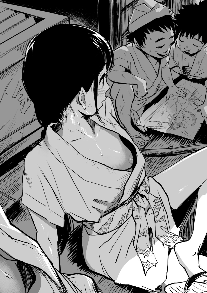 1girl 1other 2boys black_hair collarbone commentary_request drawing_(object) feet geisha highres ichiren_takushou japanese_clothes long_bangs looking_down looking_to_the_side loose_clothes multiple_boys nipple_slip nipples original scar scar_on_neck shiny_skin shoe_dangle spiked_hair sweat sweatdrop tomboy translation_request