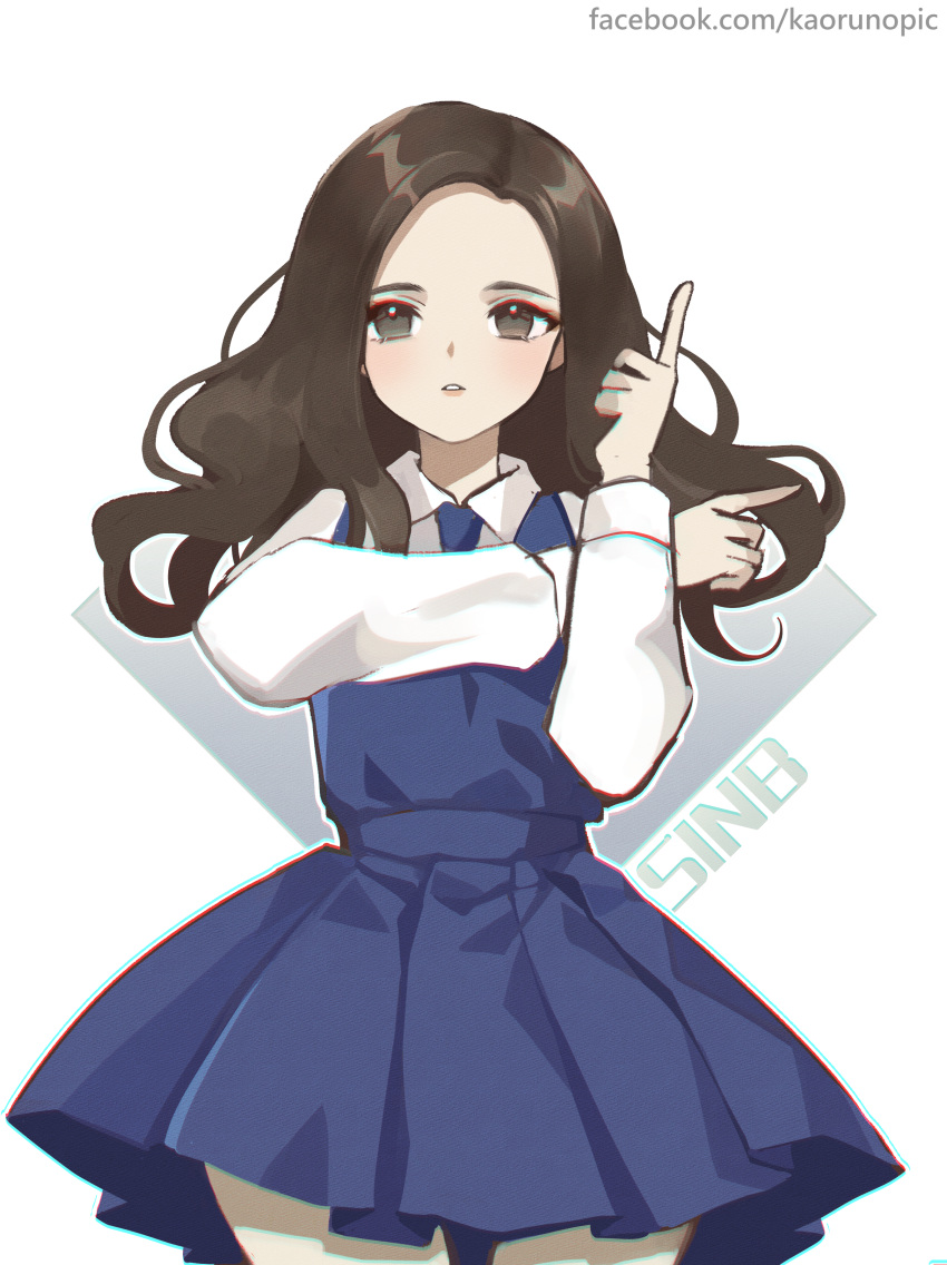 1girl absurdres blue_dress blue_necktie brown_eyes brown_hair collared_shirt commentary_request cowboy_shot crossed_arms dress facebook_username gfriend highres k-pop kaoruru_(sakuno2911) long_hair long_sleeves looking_at_viewer necktie parted_lips real_life school_uniform shirt sinb_(gfriend) solo upper_body white_shirt