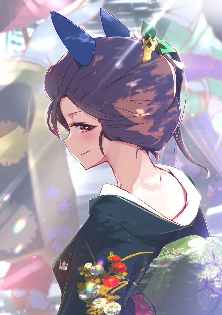 1girl absurdres animal_ears back brown_hair ear_covers floral_print_kimono green_kimono highres horse_ears horse_girl japanese_clothes kimono king_halo_(umamusume) looking_at_viewer looking_back nape neko_senshi red_eyes sideways_glance solo umamusume upper_body