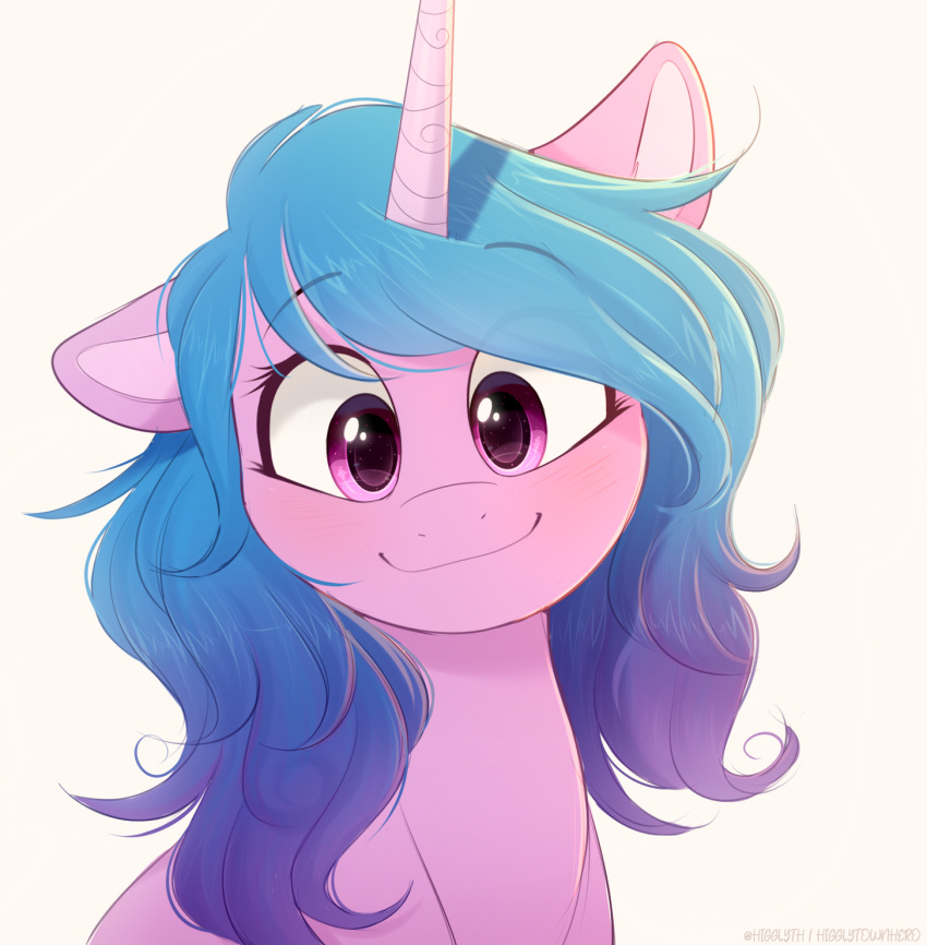 blue_hair blush equid equine female fur hair hasbro hi_res higglytownhero horn izzy_moonbow_(mlp) looking_at_viewer mammal mlp_g5 my_little_pony mythological_creature mythological_equine mythology pink_body pink_fur portrait purple_eyes simple_background smile unicorn white_background