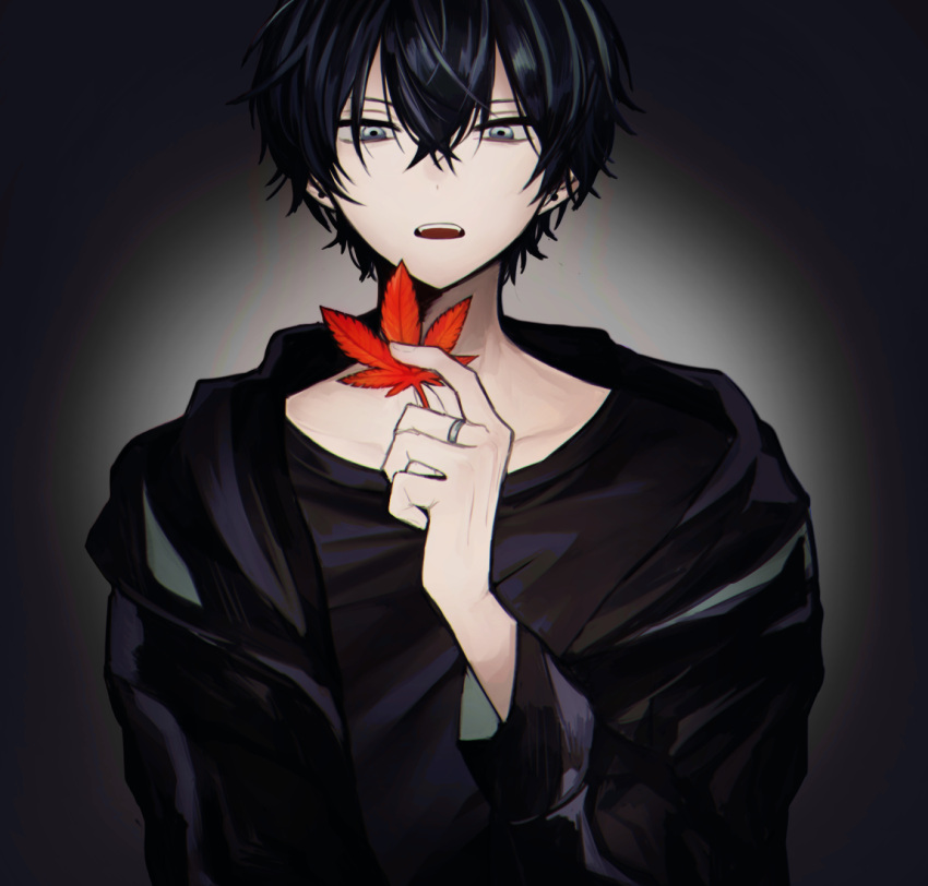 1boy black_hair black_jacket black_shirt commentary_request crossed_bangs gradient_background grey_eyes hair_between_eyes highres jacket leaf long_sleeves maple_leaf mochiosamu_ron open_mouth original shirt short_hair silver_ring upper_body