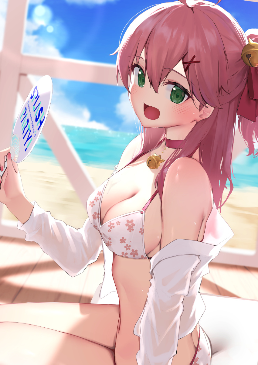 1girl absurdres ahoge beach bell bikini blush breasts cherry_blossom_print choker floral_print green_eyes hair_ornament hand_fan highres holding holding_fan hololive jacket long_hair looking_at_viewer medium_breasts mikaku neck_bell ocean open_mouth outdoors pink_choker pink_hair pink_nails sakura_miko sitting sitting_on_object smile solo swimsuit virtual_youtuber white_bikini white_jacket x_hair_ornament