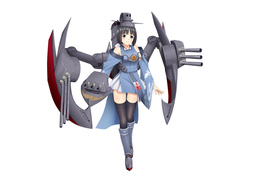 absurdres animal_print armored_boots bangs bare_shoulders black_eyes black_hair black_legwear blue_kimono blunt_bangs boots breasts bunny_print closed_mouth commentary_request full_body gun highres imperial_japanese_navy izumo_(battleship) japanese_clothes juoto kimono light_smile looking_at_viewer mecha_musume medium_breasts original rising_sun shiny shiny_hair solo standing sunburst thighhighs transparent_background turret weapon world_of_warships