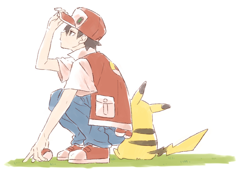 1990s_(style) 1boy absurdres baseball_cap black_eyes black_hair blue_pants collared_jacket commentary from_behind from_side grass hand_on_ground hand_on_headwear hat highres holding holding_poke_ball jacket male_focus on_grass pants pikachu pocket poke_ball poke_ball_(basic) pokemon pokemon_(creature) pokemon_rgby red_(pokemon) red_footwear red_hat red_jacket retro_artstyle short_hair short_sleeves simple_background sitting spiked_hair squatting white_background yuu_choko