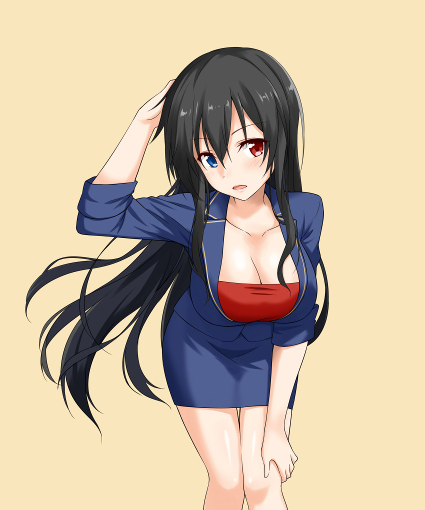 absurdres bangs bellezza_felutia bent_over black_hair blue_eyes blue_jacket blue_skirt blush breasts cleavage collarbone eyebrows_visible_through_hair felutiahime genderswap genderswap_(mtf) hand_on_own_head hand_on_own_thigh heterochromia highres jacket large_breasts long_hair looking_at_viewer original pencil_skirt red_eyes red_shirt shiny shiny_skin shirt sidelocks simple_background skirt sleeves_folded_up sleeves_past_elbows solo standing straight_hair thighs very_long_hair yellow_background