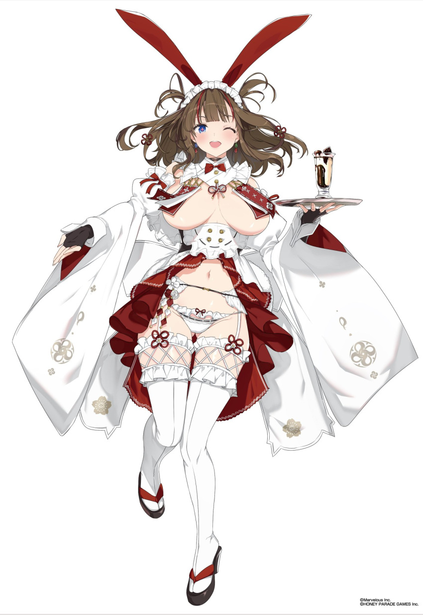 +_+ 1girl animal_ears apron ass_visible_through_thighs bare_shoulders black_choker black_garter_belt black_gloves blue_eyes blunt_bangs blush bow bowtie breast_curtains breasts brown_hair buttons chinese_knot chocolate chocolate_syrup choker cleavage copyright_name cup detached_collar detached_sleeves earrings elbow_gloves fake_animal_ears fingerless_gloves flower flower-shaped_pupils food frilled_garter_belt frilled_thighhighs frills garter_belt garter_straps gloves groin hair_ornament hair_rings highres holding holding_cup holding_food holding_tray ice_cream japanese_clothes jewelry large_breasts looking_at_viewer maid maid_apron maid_headdress marvelous mismatched_earrings multicolored_hair navel official_alternate_costume official_alternate_hairstyle okobo one_eye_closed open_mouth panties parfait pink_pupils playboy_bunny rabbit_ears reaching reaching_towards_viewer red_bow red_bowtie red_hair red_skirt revealing_clothes ribbon-trimmed_panties rose sandals senran_kagura senran_kagura_new_link shiny_skin short_hair short_twintails showgirl_skirt simple_background skirt smile solo standing streaked_hair sundae symbol-shaped_pupils teeth thighhighs toki_(senran_kagura) tongue tray twintails underboob underbust underwear upper_teeth_only wa_maid waist_bow white_background white_bow white_flower white_garter_straps white_panties white_rose white_sleeves white_thighhighs wide_sleeves wrist_cuffs yaegashi_nan