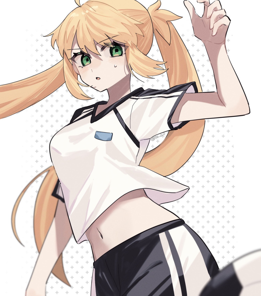 1girl 710_ao artoria_caster_(fate) artoria_pendragon_(fate) ball blonde_hair breasts fate/grand_order fate_(series) green_eyes highres long_hair looking_at_viewer medium_breasts midriff navel shirt shorts soccer_ball soccer_uniform sportswear sweatdrop twintails