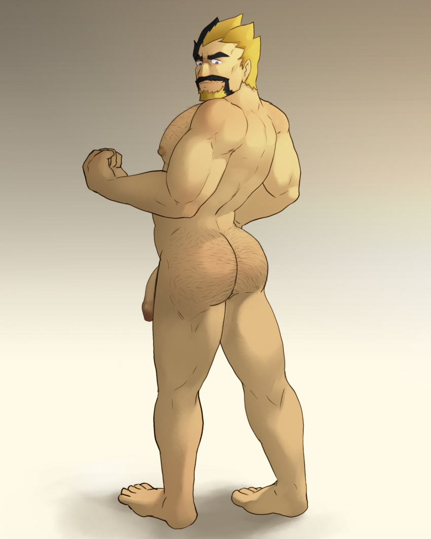 1boy ass bara black_hair blonde_hair clenched_hands completely_nude facial_hair flaccid from_behind goatee highres huge_eyebrows human_fuerte_(great_el_fuerte's) large_pectorals looking_at_viewer looking_back male_focus mature_male multicolored_hair muscular muscular_male nipples nude original pectorals penis rick_penman second-party_source short_hair solo sparse_chest_hair spiked_hair standing thick_ass_hair thick_mustache two-tone_beard two-tone_hair uncensored
