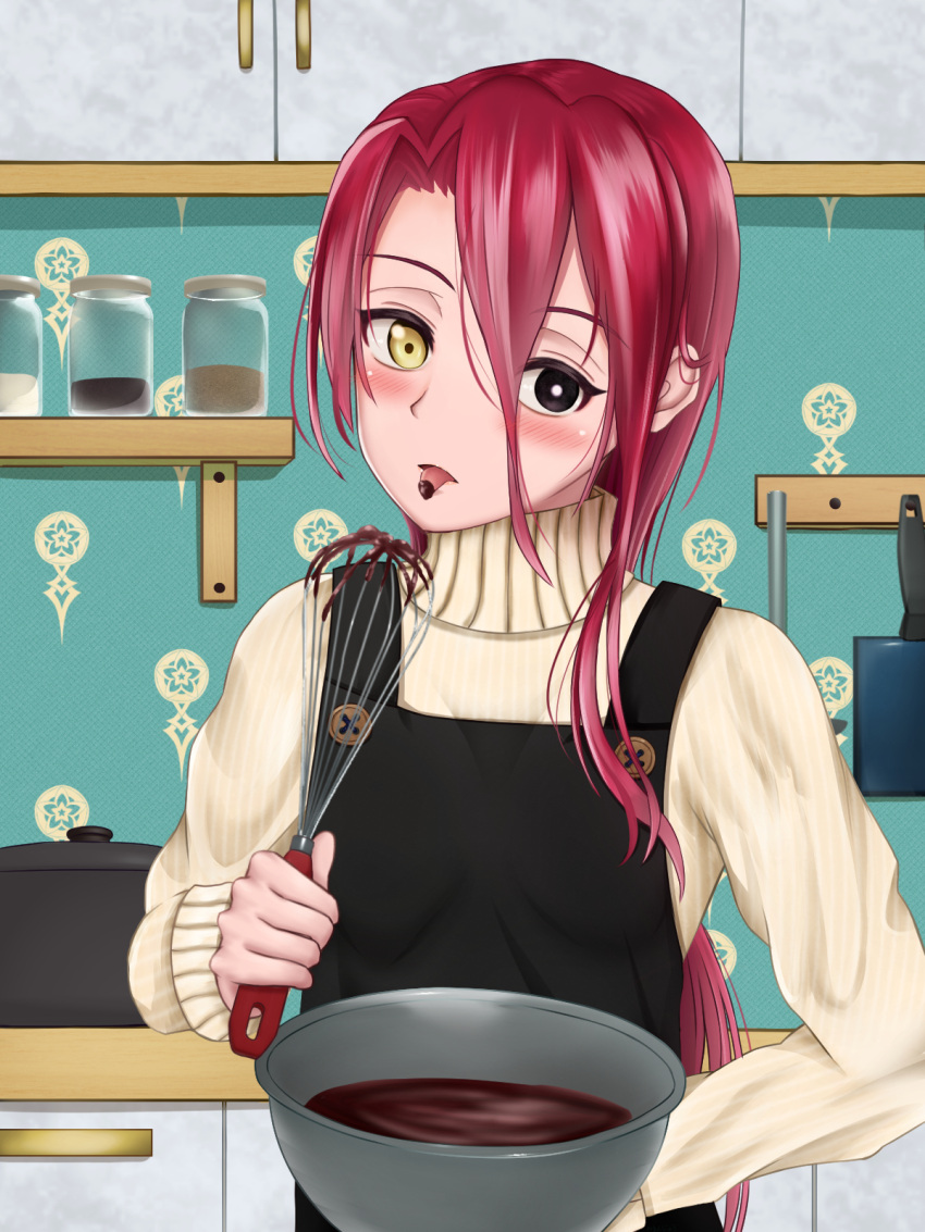 1girl apron artist_request black_eyes blush bowl breasts chocolate chocolate_making dragon_fruit fate/grand_order fate_(series) highres holding holding_bowl kitchen looking_at_viewer medium_breasts mixing_bowl red_hair solo spatula typhon_ephemeros_(fate) yellow_eyes