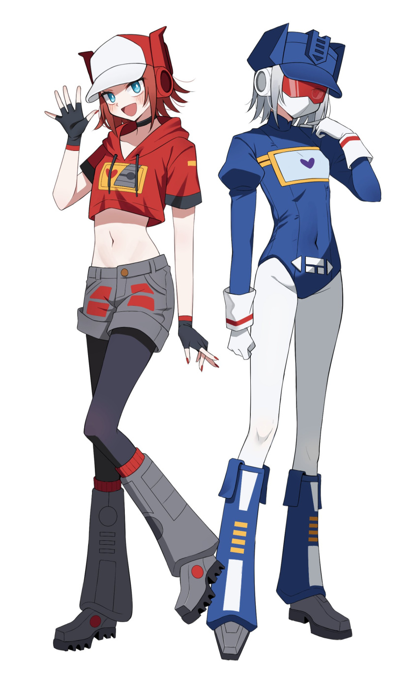 2girls absurdres baseball_cap black_choker black_gloves black_pantyhose blaster_(transformers) blue_eyes blue_hat blue_leotard blush boots choker clenched_hand cropped_hoodie fingerless_gloves full_body genderswap genderswap_(mtf) gloves grey_footwear grey_shorts hat highres hood hoodie humanization idzuki_kenkyu-in leotard looking_at_viewer mask midriff mouth_mask multiple_girls navel pantyhose red-tinted_eyewear red_eyes red_hat red_hoodie red_nails robot_ears shorts smile soundwave_(transformers) sunglasses tinted_eyewear transformers transformers:_generation_1 two-tone_hat waving white_gloves white_hat white_pantyhose