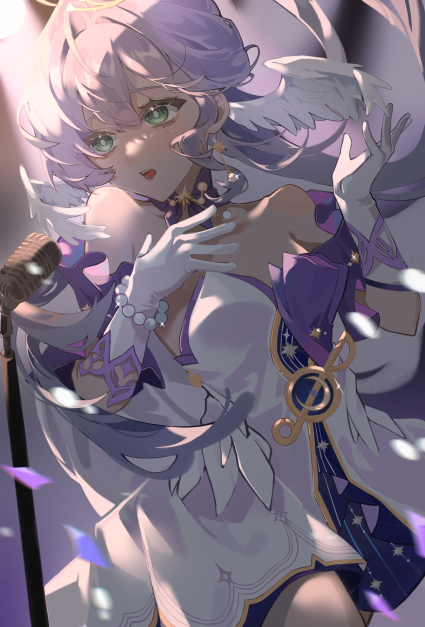 1girl absurdres aqua_eyes bare_shoulders detached_collar detached_sleeves dress earrings floating_hair gloves hair_between_eyes halo hand_on_own_chest hand_up head_wings highres honkai:_star_rail honkai_(series) jewelry long_hair looking_to_the_side microphone_stand parted_lips purple_dress purple_hair robin_(honkai:_star_rail) short_sleeves solo teeth two-tone_dress white_dress white_gloves white_wings wings zhito