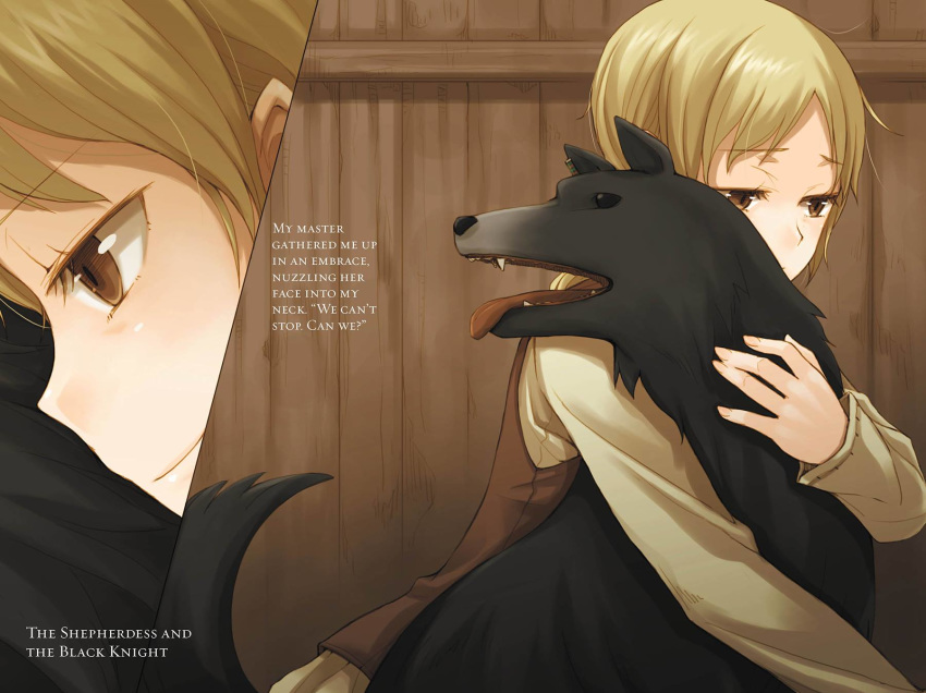 ayakura_juu blonde_hair brown_eyes dog enekk eyebrows_visible_through_hair grey_shirt highres hug indoors nora_arento novel_illustration official_art shirt short_hair smile spice_and_wolf