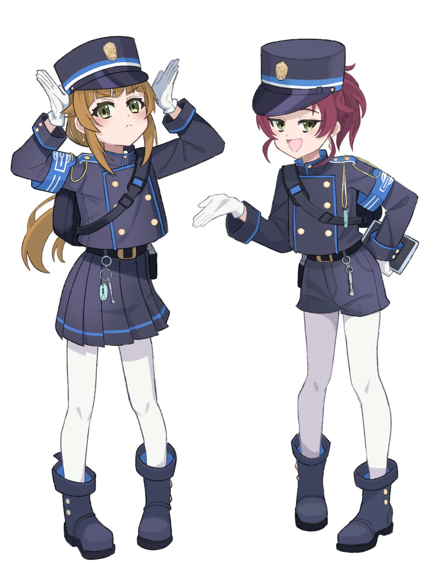 2girls :&lt; :d aisha_greyrat alternate_costume armband arms_up black_footwear black_hat black_jacket black_shorts black_skirt blue_archive blue_armband boots brown_hair buttons commentary cosplay double-breasted english_commentary fang full_body gloves green_eyes hat highres hikari_(blue_archive) hikari_(blue_archive)_(cosplay) jacket lexile long_hair long_sleeves looking_at_viewer multiple_girls mushoku_tensei norn_greyrat nozomi_(blue_archive) nozomi_(blue_archive)_(cosplay) pantyhose peaked_cap pleated_skirt red_hair shorts sidelocks simple_background skin_fang skirt smile v-shaped_eyebrows white_background white_gloves white_pantyhose