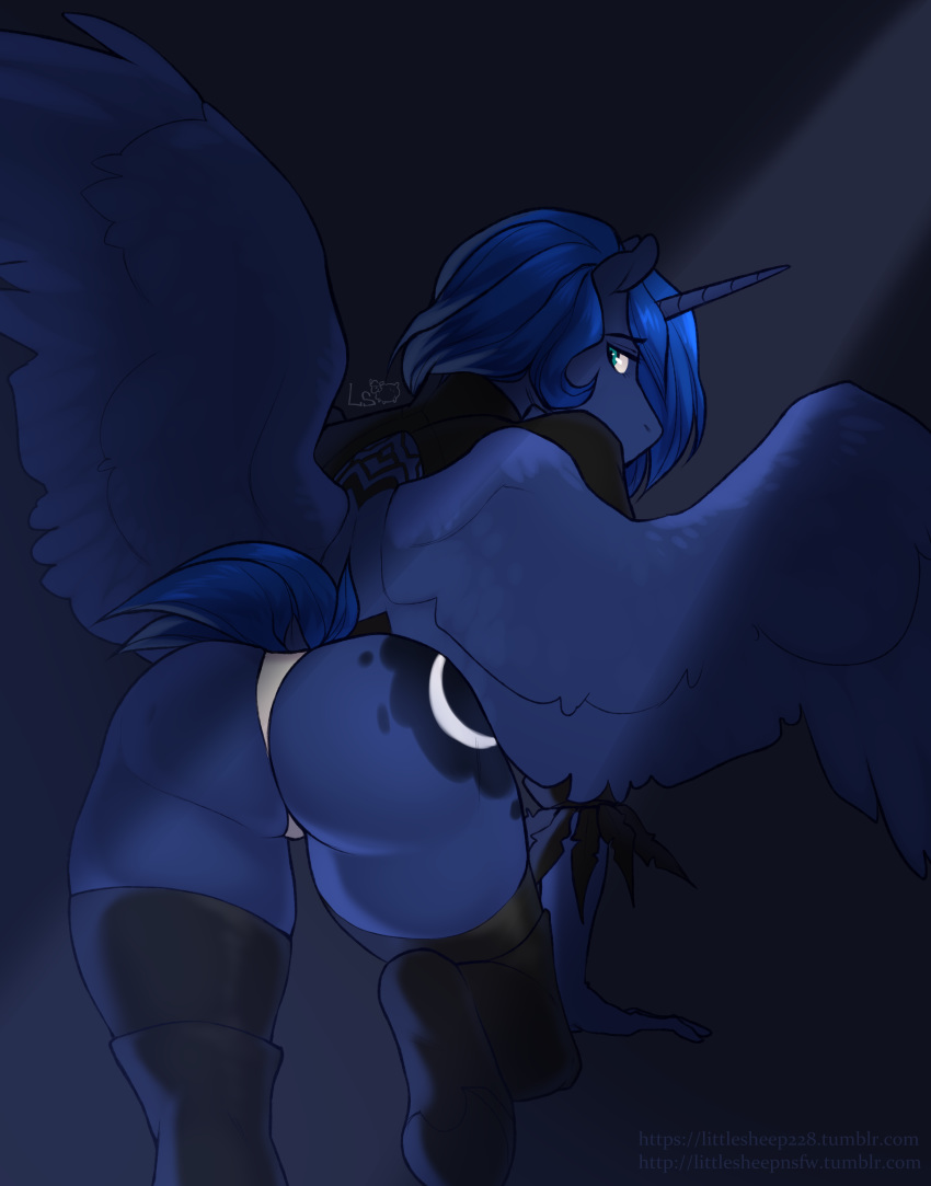 anthro butt clothing equine feathered_wings feathers female friendship_is_magic horn legwear littlesheep looking_back mammal my_little_pony princess_luna_(mlp) rear_view solo standing thigh_highs underwear winged_unicorn wings