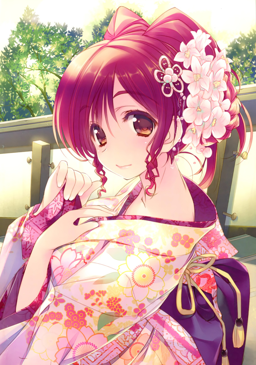 absurdres amazuyu_tatsuki bangs brown_eyes closed_mouth day eyebrows_visible_through_hair floral_print hair_ornament hand_on_own_chest highres japanese_clothes kimono kousaka_tamaki long_sleeves looking_at_viewer official_art outdoors parted_lips red_hair scan sidelocks solo to_heart_2 upper_body wide_sleeves