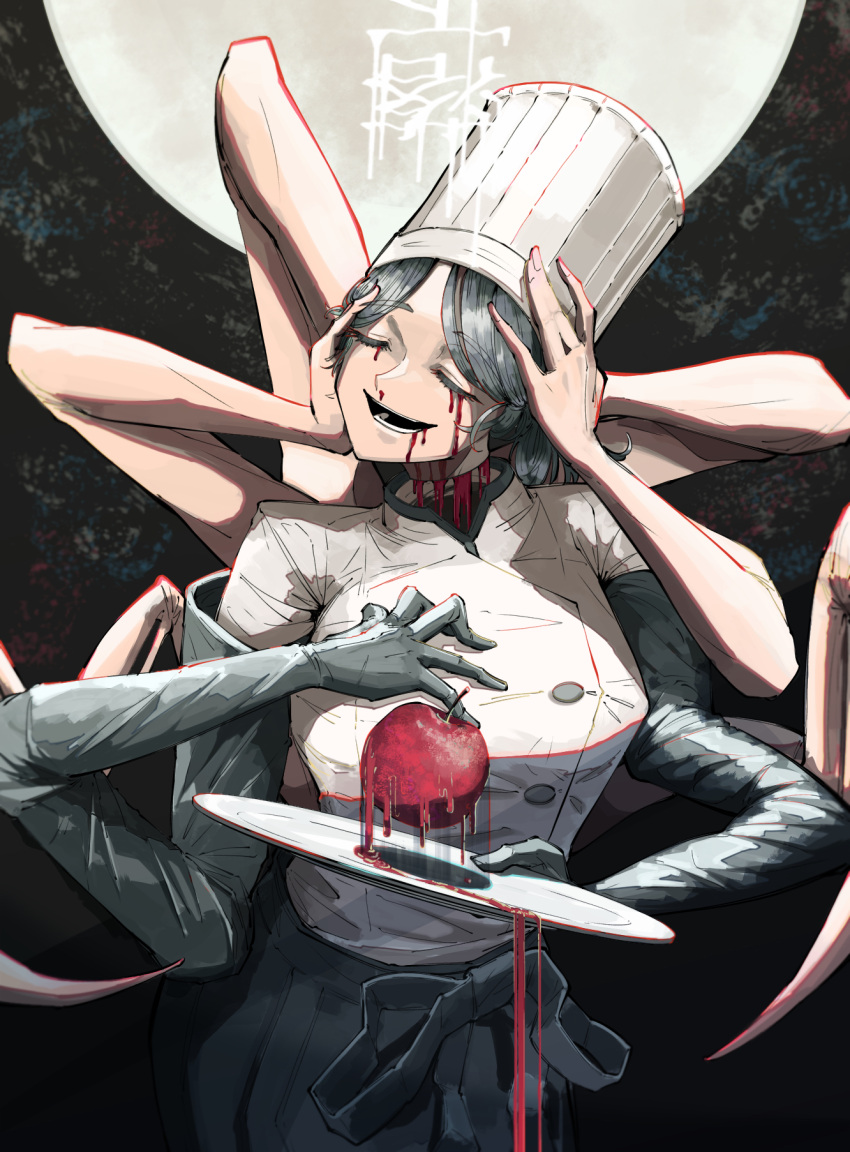 1girl apple black_gloves black_hair blood blood_from_eyes blood_from_mouth breasts chainsaw_man chef chef_hat closed_eyes commentary_request cowboy_shot elbow_gloves extra_arms falling_devil_(chainsaw_man) flat_top_chef_hat food fruit gloves hat highres holding holding_food holding_fruit holding_head jacket medium_bangs medium_breasts nosebleed odoro_(nicoseiga81184094) open_mouth red_apple severed_head short_hair smile solo white_jacket