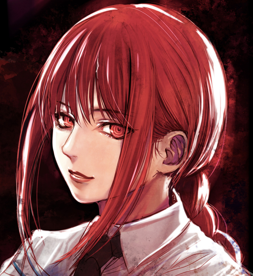 1girl black_necktie braid chainsaw_man close-up collared_shirt commentary_request highres light_smile long_hair looking_at_viewer makima_(chainsaw_man) necktie parted_lips red_eyes red_hair ringed_eyes shirt sidelocks sketch solo ueda_metawo white_shirt