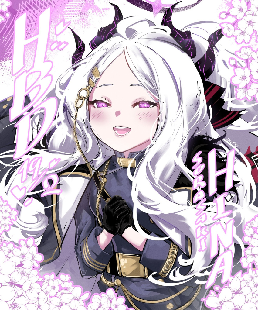 1girl ahoge aiguillette anuttsuii armband black_gloves blue_archive blush character_name coat collar commentary demon_horns flower gloves halo highres hina_(blue_archive) horns light_blush long_coat long_hair looking_at_viewer military_uniform multiple_horns open_mouth parted_bangs pink_background purple_coat purple_eyes smile solo uniform very_long_hair white_background white_flower white_hair white_lily