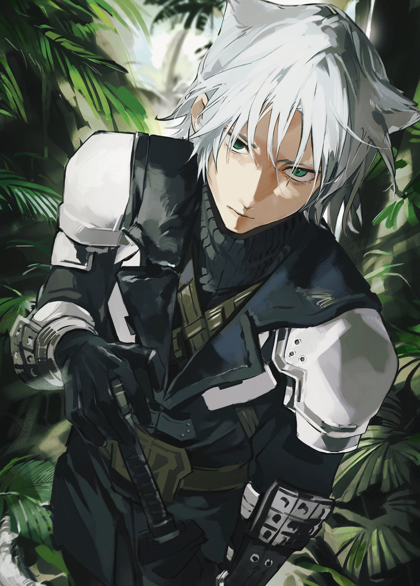 1boy aged_down animal-ears arm_armor armor belt black_coat black_gloves black_sweater chest_strap coat day final_fantasy final_fantasy_vii final_fantasy_vii_ever_crisis furrowed_brow gloves green_eyes grey_hair hashtag-only_commentary highres holding holding_sword holding_weapon jungle katana kemonomimi_mode looking_at_viewer male_focus nature outdoors pauldrons sephiroth shoulder_armor solo sweater sword turtleneck turtleneck_sweater upper_body weapon yiran_toru