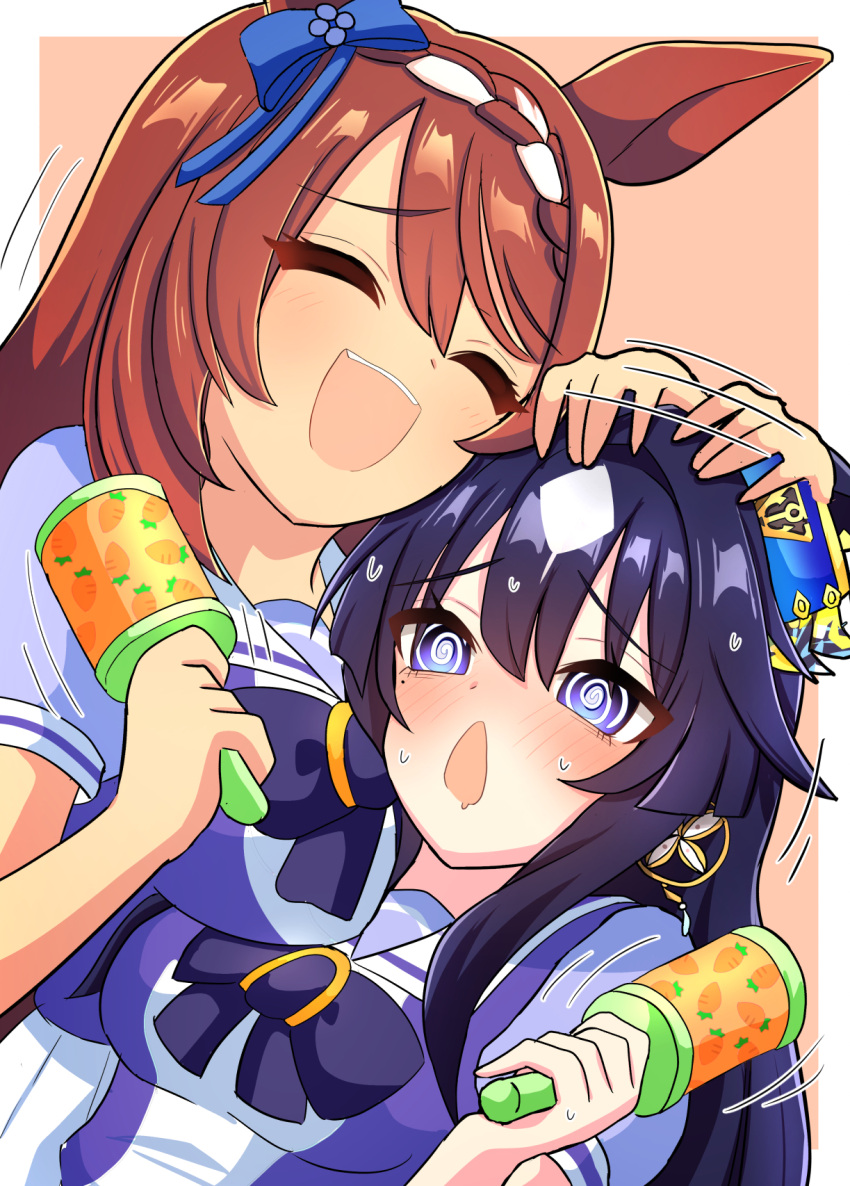 2girls animal_ears blue_bow blue_hair blush border bow breasts brown_hair closed_eyes commentary_request ear_bow ears_through_headwear hair_between_eyes headpat heart highres horse_ears horse_girl large_breasts medium_breasts multiple_girls open_mouth orange_background rattle smile solo super_creek_(umamusume) umamusume upper_body verxina_(umamusume) white_border whitelily_bread