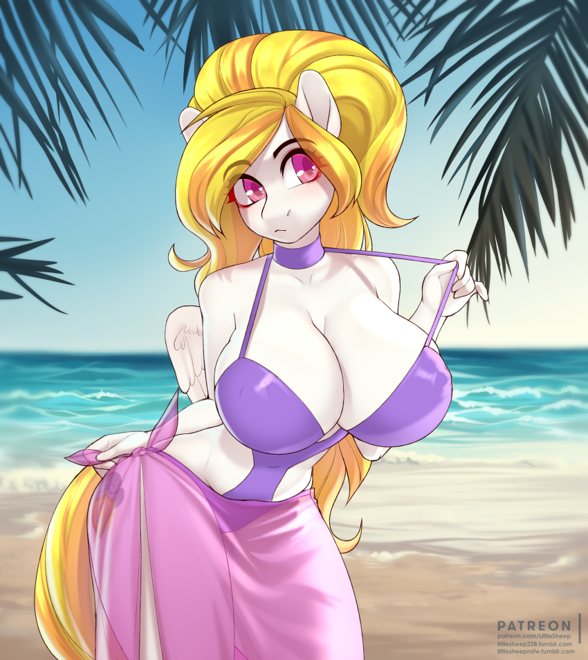 anthro beach big_breasts breasts choker clothing cutie_mark equine fan_character female huge_breasts littlesheep mammal my_little_pony nipple_bulge outside pegasus seaside solo standing swimsuit voluptuous wide_hips wings