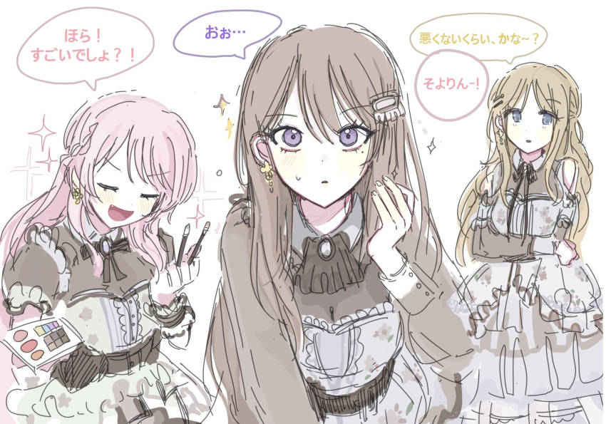 3girls ascot bang_dream! bang_dream!_it's_mygo!!!!! black_ascot black_dress black_ribbon blue_eyes blush breasts brown_hair chap55al chihaya_anon cleavage closed_eyes collared_dress commentary_request cosmetics dress earrings fang flower_earrings highres holding holding_makeup_brush holding_palette jewelry long_hair long_sleeves multiple_girls nagasaki_soyo neck_ribbon open_mouth palette_(object) parted_lips pink_hair purple_eyes ribbon shiina_taki simple_background smile sparkle speech_bubble sweatdrop translation_request two-tone_dress white_background white_dress