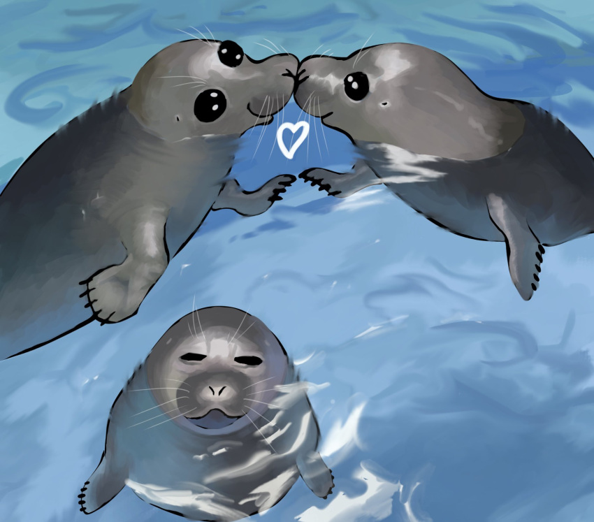 2024 ambiguous_gender black_eyes digital_drawing_(artwork) digital_media_(artwork) feral glaring_at_viewer grey_body grey_skin group heart_symbol hi_res intersex intersex/intersex looking_at_viewer mammal marine meme partially_submerged pinniped romantic romantic_couple samwichluvr seal squinted_eyes trio water whiskers