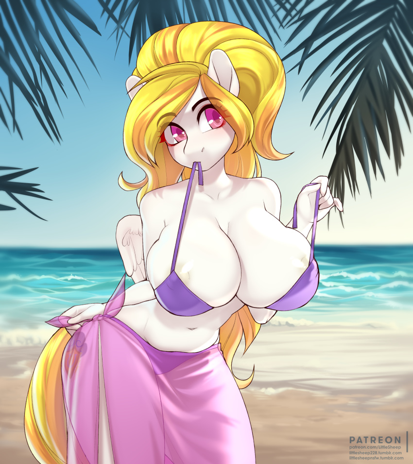 anthro areola beach big_breasts bikini breasts choker clothing cutie_mark equine fan_character female huge_breasts littlesheep mammal my_little_pony nipple_bulge outside pegasus seaside solo standing swimsuit voluptuous wide_hips wings