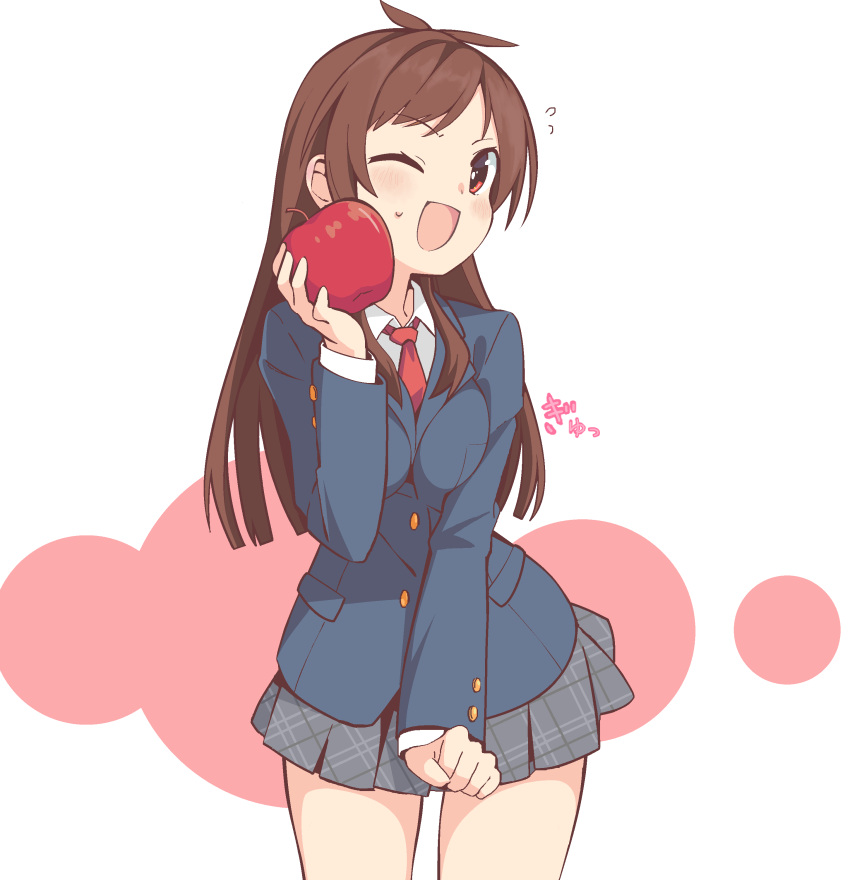 1girl absurdres antenna_hair apple blue_jacket blush breasts brown_hair clenched_hand cowboy_shot flying_sweatdrops food fruit grey_skirt hand_up highres holding holding_food holding_fruit idolmaster idolmaster_cinderella_girls idolmaster_cinderella_girls_starlight_stage jacket kodaikaijuu long_hair long_sleeves looking_at_viewer medium_breasts miniskirt necktie one_eye_closed open_mouth plaid plaid_skirt pleated_skirt red_eyes red_necktie school_uniform shirt skirt smile solo standing tsujino_akari two-tone_background white_shirt