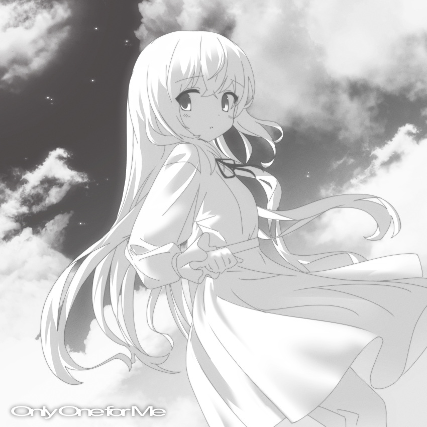 1girl absurdres album_cover cloud cosgaso cover crossed_bangs english_text frilled_sleeves frills greyscale highres light_blush limited_palette long_hair long_sleeves looking_at_viewer monochrome neck_ribbon original parted_lips ribbon shirt_tucked_in skirt sky solo star_(sky)