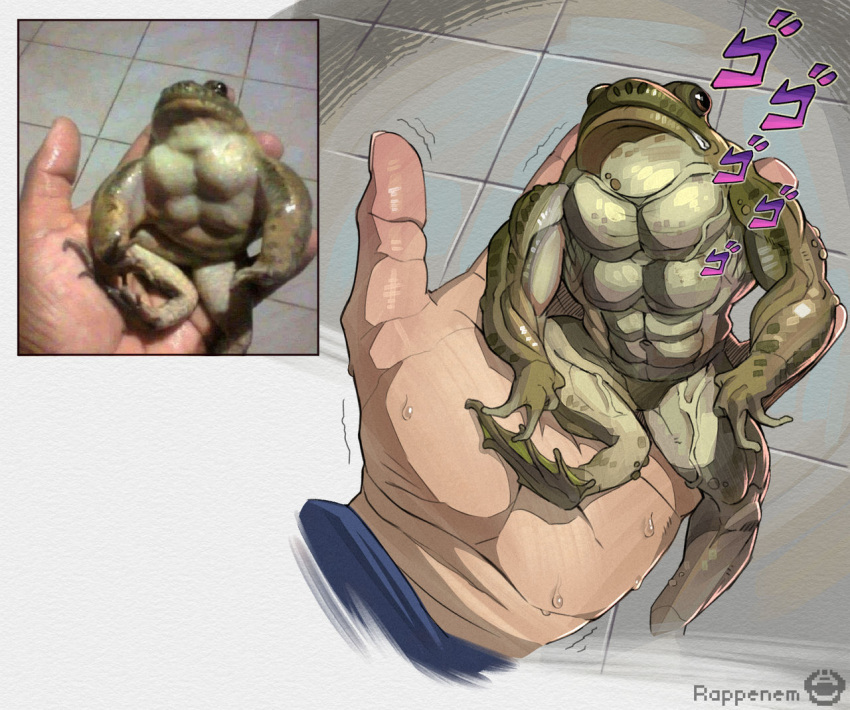 2024 4_fingers 5_toes abs ambiguous_gender amphibian anthro bodily_fluids brown_eyes colored duo extreme_size_difference feet feral fingers floor frog glistening glistening_body green_body holding_another human jojo's_bizarre_adventure lying lying_on_hand male mammal meme multicolored_body muscular muscular_male nervous_sweat offscreen_character padded_soles photography_(artwork) rappenem redraw shaded shaking signature size_difference smaller_male sweat teeth tile tile_floor toes trembling two_tone_body vein white_body