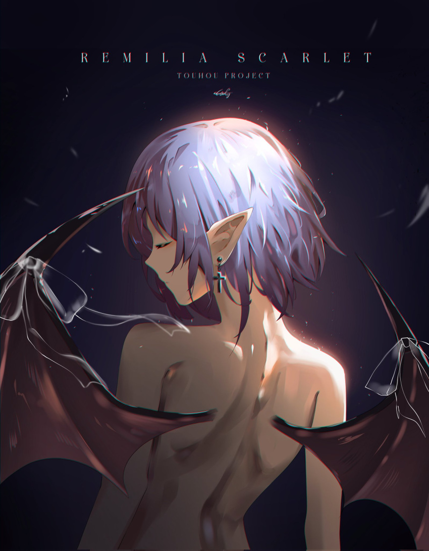 1girl bat_wings blue_hair character_name closed_eyes commentary copyright_name cross cross_earrings dark_background earrings from_behind highres jewelry nude pointy_ears remilia_scarlet short_hair solo touhou upper_body vampire wing_ribbon wings ycl_090
